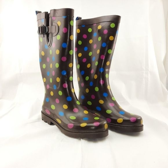 Capelli of New York rubber boots polka dots brown pastels size 7 women's rain - Picture 7 of 12